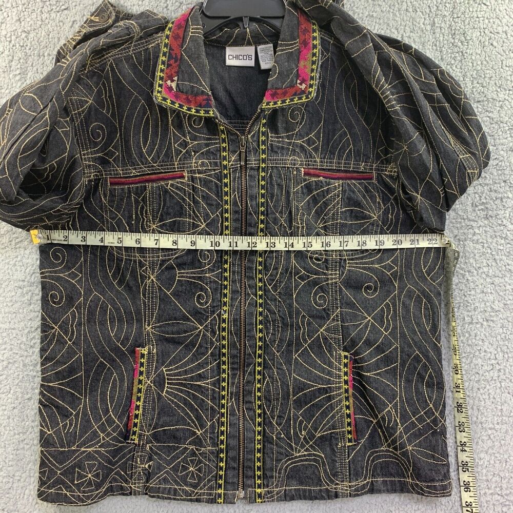 Chicos Denim Jacket Tribal Art Zip Cotton sz 2/ Large 12 Embroidered - Picture 3 of 13